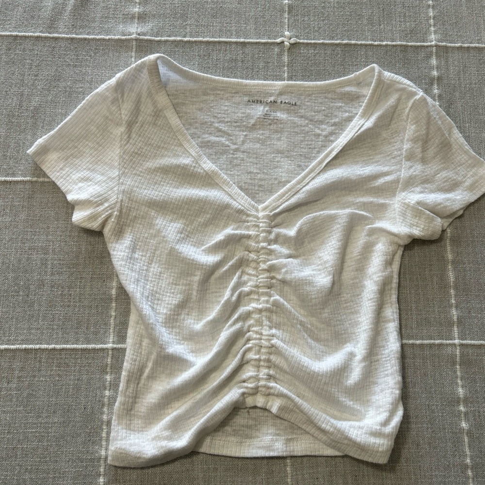 American Eagle Outfitters Cream Ruched Short Sleeve Top